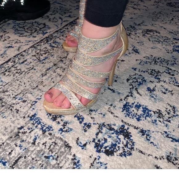 Dressy formal Heels - Glitter Gold tone with Rhinestones 4" Heel Platform sz 7 - Picture 7 of 8